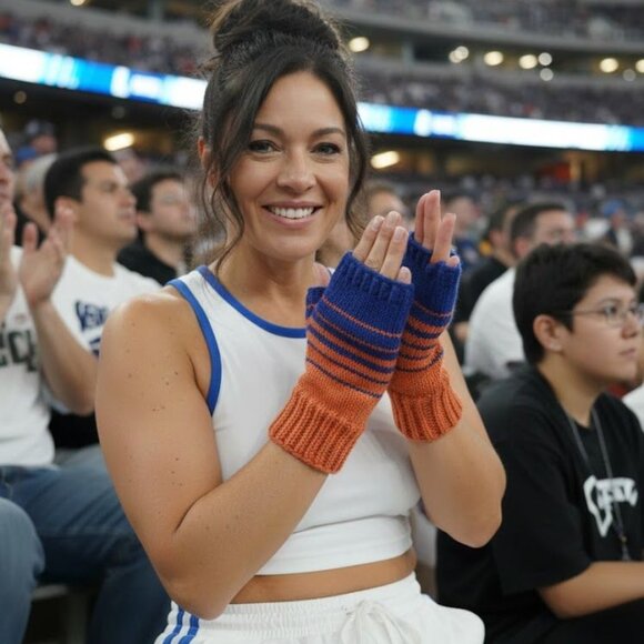Blue and Orange Fingerless Handknit Gloves Mittens - Picture 2 of 3
